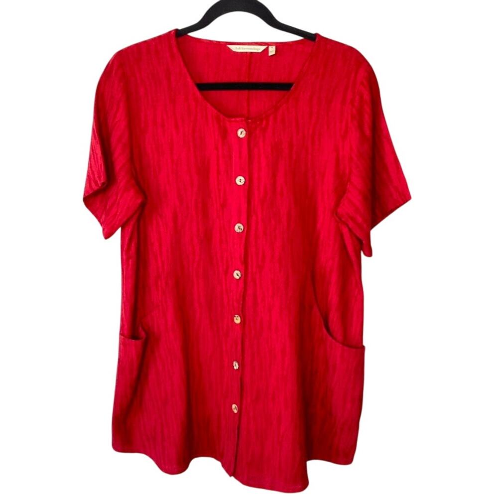 Soft Surroundings Red Textured Button Front Pocket Tunic Lagenlook Size Medium